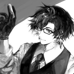 Rule 34 | 1boy, chalk, collared shirt, constantine xi (fate), earrings, fate/grand order, fate (series), glasses, gloves, greyscale, hair between eyes, hand up, highres, holding, holding chalk, jewelry, looking at viewer, male focus, monochrome, necktie, shirt, short hair, sleeves rolled up, smile, solo, umu (um), upper body, vest