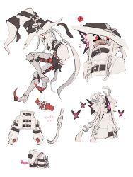 Rule 34 | 1girl, absurdres, armored boots, belt, boots, bug, butterfly, character sheet, crop top, dark-skinned female, dark skin, hat, high collar, highres, insect, inu fuji, lantern, long hair, looking at viewer, low twintails, original, pointy footwear, red eyes, sharp teeth, solo, teeth, twintails, very long hair, white background, white hair, witch hat