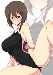 Rule 34 | 10s, 1girl, adapted costume, bare shoulders, blush, breasts, brown eyes, brown hair, competition swimsuit, covered erect nipples, covered navel, girls und panzer, halcon, hand on thigh, large breasts, looking at viewer, nishizumi maho, one-piece swimsuit, short hair, simple background, solo, spread legs, sweat, swimsuit, wavy mouth, zoom layer