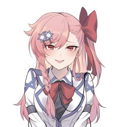 Rule 34 | 1girl, blush, braid, commentary, commentary request, girls&#039; frontline, hair ornament, hair ribbon, hairclip, hexagram, jingo, long hair, looking at viewer, negev (girls&#039; frontline), pink eyes, pink hair, pov, ribbon, side ponytail, simple background, smile, star of david
