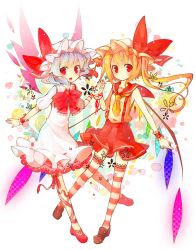 Rule 34 | 2girls, alternate costume, alternate wings, blonde hair, blue hair, dress, female focus, flandre scarlet, fuiyu (feuille0818), hat, holding hands, leg ribbon, multiple girls, neck ribbon, necktie, open mouth, pink dress, pink skirt, red eyes, red skirt, remilia scarlet, ribbon, scissors, shirt, siblings, side ponytail, sisters, skirt, sleeveless, sleeveless shirt, string, string of fate, striped clothes, striped legwear, striped thighhighs, suspenders, thighhighs, touhou, wings, wrist cuffs, wristband