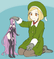Rule 34 | 2girls, absurdly long hair, age difference, aqua background, bare shoulders, beret, black dress, black footwear, black thighhighs, blonde hair, boots, breast pocket, breasts, buckle, buttons, child, cleavage, cleavage cutout, clenched hand, closed mouth, clothing cutout, coat, coat dress, collared shirt, detached collar, detached sleeves, dress, eye contact, facial mark, fate/grand order, fate (series), flat color, flying sweatdrops, forehead mark, full body, giant, giantess, gloves, green coat, green hat, grey footwear, grey gloves, grey legwear, hand on another&#039;s head, hand on own thigh, hat, hat ribbon, headpat, high heel boots, high heels, hip vent, isshoku (shiki), leaning forward, legs together, long hair, long sleeves, looking at another, medium breasts, medusa (fate), medusa (rider) (fate), medusa (rider) (third ascension) (fate), multiple girls, nervous, open mouth, orange eyes, pantyhose, paul bunyan (fate), pelvic curtain, pocket, purple eyes, purple hair, red shirt, ribbon, seiza, shirt, short dress, short hair, side cutout, side slit, sidelocks, simple background, sitting, size difference, sleeve cuffs, sleeves past wrists, small breasts, smile, standing, straight hair, swept bangs, thigh boots, thighhighs, very long hair, white ribbon, wing collar