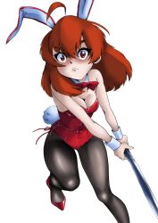 Rule 34 | 1girl, ahoge, animal ears, baseball bat, blue eyes, bow, bowtie, breasts, brown eyes, cleavage, commentary request, cosplay, daicon bunny girl, daicon bunny girl (cosplay), daicon iv, detached collar, eris greyrat, fake animal ears, highres, karasuke d, leotard, long hair, looking at viewer, medium breasts, mushoku tensei, pantyhose, playboy bunny, rabbit ears, red bow, red bowtie, red leotard, shaded face, simple background, solo, strapless, strapless leotard, white background, wrist cuffs