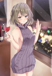 Rule 34 | 10s, 1girl, alcohol, aran sweater, backless dress, backless outfit, bare back, bare shoulders, blue eyes, blurry, blush, bokeh, bottle, breasts, cable knit, cowboy shot, cup, depth of field, dress, drinking glass, green eyes, green hair, hair between eyes, halterneck, heterochromia, holding, holding cup, holding drinking glass, idolmaster, idolmaster cinderella girls, indoors, jiino, looking at viewer, medium breasts, meme attire, mole, mole under eye, naked sweater, parted lips, ribbed sweater, sideboob, smile, solo, standing, sweater, sweater dress, takagaki kaede, turtleneck, turtleneck sweater, virgin killer sweater, wine, wine bottle, wine glass
