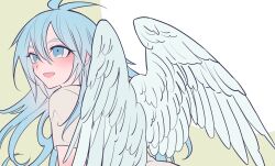 1boy :d blue_eyes blue_hair ciel_(nakigara_no_tori) commentary_request feathered_wings from_behind hair_between_eyes highres long_hair looking_back male_focus meremero nakigara_no_tori open_mouth smile solo upper_body white_wings wings