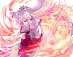 Rule 34 | 1girl, bad id, bad pixiv id, buckle, burnt clothes, female focus, fire, fujiwara no mokou, grin, hair ribbon, kotaro-nosuke, long hair, outstretched hand, pants, pink theme, ponytail, red eyes, ribbon, smile, solo, suspenders, touhou, very long hair, white hair