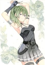 Rule 34 | 1girl, armpits, arms up, belt, black belt, black gloves, buckle, closed mouth, cowboy shot, dutch angle, elbow gloves, gloves, green hair, grey shirt, grey skirt, hair between eyes, half updo, highres, holding, holding scissors, legs apart, long hair, looking at viewer, miniskirt, pleated skirt, ponytail, purple eyes, scissors, shirt, sidelocks, single glove, skirt, sleeveless, sleeveless shirt, smile, solo, sousou no frieren, sweet miuk tea, thigh strap, thighs, traditional media, twitter username, ubel (sousou no frieren), watercolor pencil (medium)