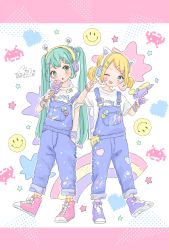 Rule 34 | 2girls, alternate hairstyle, animal ear headphones, aqua eyes, aqua hair, bad id, bad pixiv id, bandaid, bandaid on face, blonde hair, blue eyes, bracelet, cat ear headphones, clothes writing, fake animal ears, fang, food, hair ornament, hairclip, hand in pocket, hatsune miku, headphones, heart, highres, ice cream, ice cream cone, jewelry, kagamine rin, long hair, mnmktn, multiple girls, one eye closed, open mouth, overalls, polka dot, polka dot background, rainbow, shirt, simple background, smile, smiley face, space invaders, star (symbol), t-shirt, twintails, v, very long hair, vocaloid, water gun
