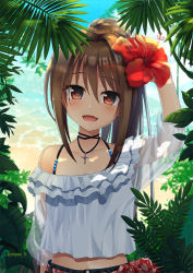 Rule 34 | 1girl, arm up, bad id, bad pixiv id, beach, brown eyes, brown hair, commentary request, crop top, cross, cross necklace, day, fang, flower, hair between eyes, hair flower, hair ornament, hibiscus, jewelry, looking at viewer, navel, necklace, nnyara, original, ponytail, see-through, shirt, solo, twitter username, upper body, white shirt