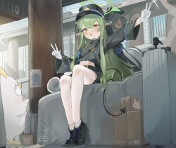 Rule 34 | 2girls, absurdres, awilin, belt, belt buckle, black belt, black footwear, black hat, black jacket, black shorts, black tail, blue archive, blush, buckle, chinese commentary, commentary request, crop top, cropped jacket, full body, green hair, green halo, halo, hat, highres, hikari (blue archive), jacket, long hair, long sleeves, making-of available, midriff, multiple girls, navel, nozomi (blue archive), open mouth, outstretched arm, pantyhose, peaked cap, pointy ears, poster (object), rolling suitcase, shoes, shorts, sidelocks, sitting, suitcase, tail, v, video thumbnail, w, white pantyhose, yellow eyes