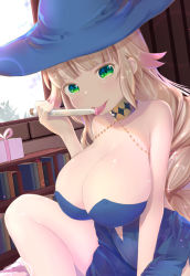 Rule 34 | 1girl, bare arms, bare shoulders, between legs, blonde hair, blue dress, blue hat, blunt bangs, book, bookshelf, box, breasts, cleavage, collarbone, covered erect nipples, day, demia duodectet, dress, gift, gift box, gradient hair, green eyes, hair flaps, hand between legs, hand up, hat, hikotou (sao73cat), holding, indoors, ishuzoku reviewers, knee up, long hair, looking at viewer, multicolored hair, naughty face, no bra, raised eyebrows, sleeveless, sleeveless dress, solo, sparkle, star (symbol), star in eye, sunlight, symbol in eye, test tube, thighs, tongue, tongue out, window, witch hat
