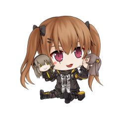 Rule 34 | 1girl, :d, black footwear, black jacket, black pantyhose, black ribbon, black scarf, black skirt, blush stickers, boots, brown hair, character doll, chien zero, full body, girls&#039; frontline, hair ornament, hair ribbon, hairclip, hand puppet, hands up, hood, hood down, hooded jacket, jacket, knee boots, long hair, looking at viewer, open clothes, open jacket, open mouth, pantyhose, pink eyes, pleated skirt, pocket, puppet, ribbon, scarf, shirt, siblings, simple background, sisters, sitting, skirt, smile, solo, transparent background, twins, twintails, ump40 (girls&#039; frontline), ump45 (girls&#039; frontline), ump9 (girls&#039; frontline), white background, white shirt