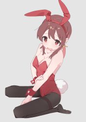 Rule 34 | 1girl, absurdres, animal ears, bare arms, bare shoulders, black pantyhose, breasts, brown eyes, brown hair, cleavage, collarbone, cottone (highjethoo), fake animal ears, grey background, hairband, highres, leotard, long hair, looking at viewer, low twintails, medium breasts, murosaki miyo, no shoes, onii-chan wa oshimai!, open mouth, pantyhose, playboy bunny, rabbit ears, rabbit tail, red hair, red hairband, red leotard, simple background, sitting, solo, tail, thighband pantyhose, twintails, wrist cuffs