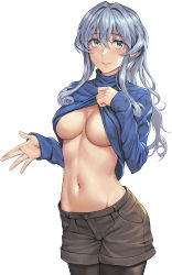 Rule 34 | 1girl, alternate costume, black pantyhose, black shorts, blue eyes, blue hair, blue sweater, breasts, closed mouth, clothes lift, cowboy shot, gotland (kancolle), groin, hair between eyes, highres, kantai collection, kokuzou, large breasts, lifting own clothes, long hair, long sleeves, mole, mole under eye, navel, no bra, pantyhose, ribbed sweater, shorts, simple background, smile, solo, sweater, sweater lift, thighhighs, white background