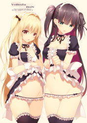 Rule 34 | 2girls, bad id, bad pixiv id, black hair, black legwear, blonde hair, blush, breasts, cameltoe, cleavage, cleft of venus, clothes lift, copyright request, frilled panties, frills, green eyes, hair ribbon, long hair, maid, multicolored hair, multiple girls, navel, panties, purple hair, red eyes, ribbon, shokuyou mogura, simple background, skirt, skirt lift, smile, thighhighs, two-tone hair, two side up, underwear, white panties, wrist cuffs