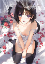 Rule 34 | 1girl, animal ears, apron, bare shoulders, bed sheet, black hair, black thighhighs, blunt bangs, blush, bob cut, bow, breasts, cat ears, cat tail, cleavage, collarbone, commentary, curtains, downblouse, flower, from above, green eyes, heterochromia, looking at viewer, naked apron, no bra, on bed, on ground, open mouth, original, petals, pink bow, pink ribbon, purple eyes, raised eyebrows, red flower, red rose, ribbon, rose, rose petals, sankareien, short hair, sitting, small breasts, strap slip, sunlight, symbol-only commentary, tail, tail bow, tail ornament, thighhighs, vase, wariza, white apron