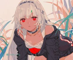 Rule 34 | 1girl, all fours, altera (fate), blunt bangs, breasts, choker, cleavage, dark-skinned female, dark skin, fate/grand order, fate (series), hair between eyes, hanakazesun, highres, leaning forward, looking at viewer, off shoulder, parted lips, red eyes, short hair, silver hair, small breasts, solo, twitter username, unzipped, veil
