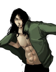 Rule 34 | 1boy, abs, black hair, enies lobby, facial hair, goatee, long hair, male focus, muscular, one piece, open clothes, open shirt, rob lucci, shirt, simple background, solo