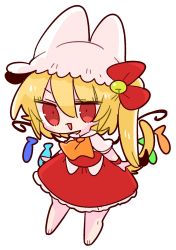 Rule 34 | 1girl, :3, animal ears, ascot, barefoot, bell, blonde hair, cat ears, collared shirt, crystal, ears through headwear, fang, flandre scarlet, frilled shirt collar, frilled skirt, frilled sleeves, frills, hat, highres, jingle bell, medium hair, mob cap, one side up, op na yarou, puffy short sleeves, puffy sleeves, red eyes, red footwear, red skirt, red vest, shirt, short sleeves, simple background, skirt, skirt set, slit pupils, smile, solo, touhou, vest, white background, white hat, white shirt, wings, wrist cuffs, yellow ascot