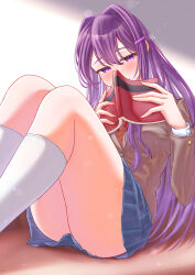 Rule 34 | 1girl, ass, bare legs, blue sky, blush, book, brown jacket, commentary, doki doki literature club, feet out of frame, hair between eyes, hair ornament, hairclip, highres, holding, holding book, jacket, long hair, long sleeves, looking at viewer, miniskirt, minori 13101, open book, pleated skirt, purple eyes, purple hair, sitting, skirt, sky, smile, socks, solo, thighs, very long hair, white socks, yuri (doki doki literature club)