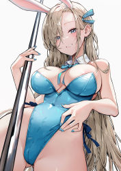 Rule 34 | 1girl, animal ears, areola slip, asuna (blue archive), asuna (bunny) (blue archive), bare legs, bare shoulders, blue archive, blue bow, blue bowtie, blue eyes, blue leotard, blue nails, bow, bowtie, breasts, cameltoe, cleavage, covered navel, cowboy shot, detached collar, fake animal ears, from below, gluteal fold, grin, hair ribbon, highleg, highleg leotard, highres, large breasts, leotard, light brown hair, long hair, looking at viewer, nail polish, neck ribbon, official alternate costume, picter, playboy bunny, pole, rabbit ears, revision, ribbon, smile, solo, strapless, strapless leotard, stripper pole, swept bangs