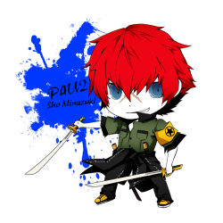 Rule 34 | atlus, character name, chibi, dual wielding, grin, holding, male focus, minazuki sho, persona, persona 4: the ultimate in mayonaka arena, red hair, scar, smile, solo, sword, weapon