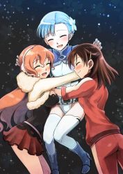 Rule 34 | 10s, 3girls, :d, ^ ^, aqua hair, bad id, bad pixiv id, belt, bodysuit, boots, brown hair, closed eyes, closed eyes, fin e ld si laffinty, flower, girl sandwich, hair flower, hair ornament, hairband, hug, kyouno madoka, muginami, multiple girls, niina ryou, open mouth, orange hair, rinne no lagrange, sandwiched, skirt, sleeves rolled up, smile, thighhighs, track suit