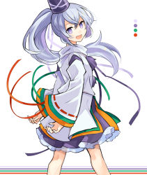 Rule 34 | 1girl, hat, highres, japanese clothes, kariginu, looking at viewer, mononobe no futo, open mouth, pom pom (clothes), ponytail, silver hair, skirt, smile, solo, tate eboshi, tori (10ri), touhou, white background, wide sleeves