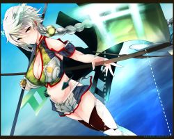 Rule 34 | 10s, 1girl, asymmetrical hair, bare shoulders, braid, breasts, cleavage, cloud print, crop top, dual wielding, groin, highres, holding, kantai collection, kojima (blue stardust), large breasts, letterboxed, long hair, looking at viewer, midriff, miniskirt, navel, onmyouji, silver hair, single braid, skirt, solo, staff, thighhighs, torii, unryuu (kancolle), very long hair, wavy hair, yellow eyes