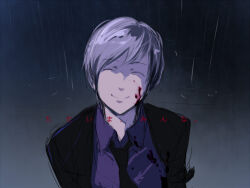 Rule 34 | 1girl, black jacket, black necktie, blood, blood on clothes, blood on face, closed eyes, closed mouth, collared shirt, dark background, evil smile, foreground text, formal, grey hair, jacket, leaning forward, necktie, open clothes, open jacket, purple shirt, rain, reichi, shaded face, shirt, short hair, smile, solo, suit, swept bangs, umineko no naku koro ni, upper body, ushiromiya kyrie