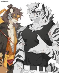 Rule 34 | 2boys, arknights, bara, belt, black shirt, blue eyes, claws, commentary, dated, edadrz, english commentary, furry, furry male, furry with furry, headband, highres, huai tianpei (arknights), long hair, looking at viewer, male focus, mountain (arknights), multiple boys, pants, shirt, simple background, sleeveless, sleeveless shirt, striped, white background, white pants, yellow eyes, yellow headband
