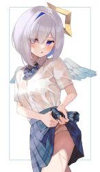 Rule 34 | 1girl, absurdres, amane kanata, angel, angel wings, blue bow, blush, border, bow, breast pocket, breasts, buket pudding i, collared shirt, commentary request, cowboy shot, feathered wings, hair between eyes, hair over one eye, halo, highres, hololive, looking at viewer, medium breasts, medium hair, mini wings, panties, pantyshot, parted bangs, parted lips, pleated skirt, pocket, purple eyes, see-through, shirt, shirt tucked in, short sleeves, skirt, solo, underwear, uniform, virtual youtuber, wet, wet clothes, white background, white border, white hair, white panties, wings, wringing clothes, wringing skirt