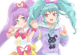 Rule 34 | 2girls, blue hair, bow, closed mouth, detached sleeves, green eyes, hair bow, hands up, highres, holding hands, hood, hoodie, idol clothes, idol land pripara, katasumi amari, long hair, long sleeves, looking at another, looking at viewer, manaka laala, multiple girls, okiru, open mouth, pink bow, pink eyes, pretty series, pripara, puffy detached sleeves, puffy sleeves, purple hair, purple hoodie, simple background, smile, standing, treble clef, twintails, upper body, v, very long hair, white background
