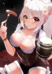 Rule 34 | 1girl, animal ears, warrior of light (ff14), blush, bracelet, breasts, cat ears, cleavage, corset, facial mark, final fantasy, final fantasy xiv, flower, food, fork, from above, hair flower, hair ornament, highres, jewelry, large breasts, lili mdoki, long hair, looking at viewer, miqo&#039;te, ponytail, sausage, shorts, sitting, slit pupils, smile, solo, thighhighs, whisker markings, white hair