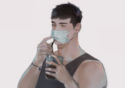 Rule 34 | 1boy, bara, black hair, black tank top, bracelet, brown eyes, cup, disposable cup, drink, drinking, drinking straw, holding, holding cup, jewelry, male focus, mask, mask lift, mouth mask, muscular, muscular male, original, puppy 1ove, short hair, solo, tank top, upper body, white background