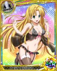 Rule 34 | 10s, 1girl, ahoge, artist request, asia argento, bishop (chess), black bra, black thighhighs, blonde hair, bra, breasts, card (medium), character name, chess piece, covered erect nipples, garter straps, green eyes, high heels, high school dxd, lingerie, long hair, medium breasts, official art, solo, thighhighs, trading card, underwear, very long hair