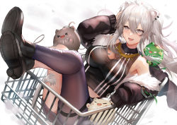 Rule 34 | 1girl, ahoge, animal ears, asymmetrical legwear, breasts, cleavage, fang, fur-trimmed jacket, fur trim, grey eyes, grey hair, high heels, himonoata, hololive, in shopping cart, jacket, large breasts, lion ears, lion tail, long hair, pantyhose, paw print shoes, see-through, see-through cleavage, shishiro botan, shishiro botan (1st costume), shopping cart, ssrb (shishiro botan), tail, uneven legwear, virtual youtuber