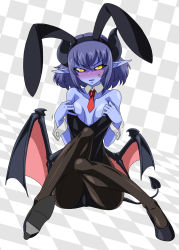 Rule 34 | adjusting clothes, anger vein, animal ears, black sclera, blue hair, blue skin, blush, breasts, breasts apart, colored sclera, colored skin, demon girl, demon tail, demon wings, detached collar, fake animal ears, fishnet pantyhose, fishnets, high heels, highres, horns, mimizu (tokagex), necktie, pantyhose, playboy bunny, pointy ears, rabbit ears, tail, wings, wrist cuffs, yellow eyes