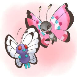 Rule 34 | animal focus, black eyes, blank eyes, bug, butterfly, butterfree, creatures (company), eye contact, fangs, full body, game freak, gen 1 pokemon, gen 6 pokemon, happy, insect, looking at another, nintendo, no humans, open mouth, pink background, pokemon, pokemon (creature), red eyes, simple background, smile, vivillon, vivillon (meadow), yuki00yo