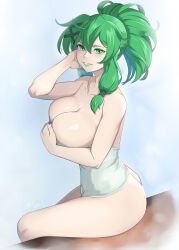 Rule 34 | 1girl, absurdres, ass, blush, bottomless, breasts, cleavage, cleavage reach, commentary, english commentary, eyeshadow, genderswap, genderswap (mtf), green eyes, green eyeshadow, green hair, green lips, green nails, hair ornament, highres, huge breasts, league of legends, lipstick, long hair, looking at viewer, makeup, naked towel, personification, sitting, solo, steam, thresh (league of legends), towel, updo, vilde loh hocen, x hair ornament