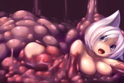 Rule 34 | 1girl, absorption, animal ears, blue eyes, breasts, cat ears, commentary request, kumakkuma, medium breasts, nude, open mouth, original, sidelocks, silver hair, slime (substance), solo