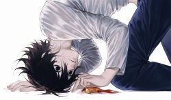 Rule 34 | 1boy, all fours, animal, bags under eyes, black hair, blue pants, closed mouth, dead animal, death note, feet out of frame, fish, from side, goldfish, hair between eyes, highres, huli xiaobai, l (death note), long sleeves, looking at animal, looking away, male focus, midriff, pants, shirt, short hair, simple background, water, wet, wet clothes, wet hair, wet shirt, white background, white shirt