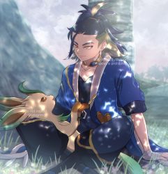 Rule 34 | 1boy, adaman (pokemon), against tree, arm support, black robe, blue coat, blue hair, closed mouth, coat, collar, collarbone, commentary request, creatures (company), day, earrings, eyebrow cut, fuyu (utngrtn), game freak, gen 4 pokemon, grass, green hair, highres, jewelry, leafeon, looking down, male focus, multicolored hair, neck ring, nintendo, on lap, orange eyes, outdoors, pokemon, pokemon (creature), pokemon legends: arceus, pokemon on lap, robe, sitting, smile, tree, watermark
