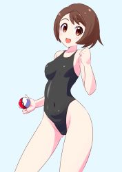 Rule 34 | 1girl, absurdres, bad id, bad pixiv id, black one-piece swimsuit, bob cut, brown eyes, brown hair, commentary request, commission, competition swimsuit, contrapposto, cowboy shot, creatures (company), fumiki rikiya, game freak, gloria (pokemon), grey background, highleg, highleg swimsuit, highres, holding, looking at viewer, nintendo, one-piece swimsuit, poke ball, pokemon, pokemon swsh, short hair, simple background, smile, solo, standing, swimsuit