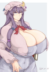 Rule 34 | 1girl, book, bow, breasts, cleavage, cleavage cutout, clothing cutout, covered navel, cowboy shot, crescent, dress, elun (meido), hat, huge breasts, long hair, long sleeves, mob cap, pajamas, patchouli knowledge, pixiv id 13334163, plump, puffy nipples, purple eyes, purple hair, red bow, sidelocks, simple background, smile, solo, striped, touhou