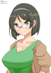 Rule 34 | 1girl, alternate breast size, alternate costume, black hair, blue headband, breasts, brown cardigan, cardigan, cleavage, dated, glasses, green shirt, hairband, headband, huge breasts, kantai collection, kirishima (kancolle), looking at viewer, one-hour drawing challenge, rimless eyewear, shiromaru (maniado), shirt, short hair, simple background, solo, white background
