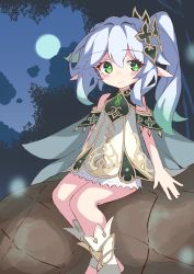 Rule 34 | 1girl, absurdres, bare shoulders, blush, closed mouth, cloud, commentary request, cross-shaped pupils, dress, full moon, genshin impact, green eyes, green hair, grey hair, highres, ichi (ichi.colors), long hair, looking at viewer, moon, nahida (genshin impact), night, night sky, no shoes, outdoors, pointy ears, side ponytail, sidelocks, sitting, sky, sleeveless, sleeveless dress, smile, socks, solo, stirrup legwear, symbol-shaped pupils, toeless legwear, white dress, white socks