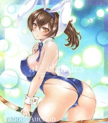 Rule 34 | 10s, 1girl, animal ears, artist name, ass, at classics, bare shoulders, black thighhighs, blue ribbon, blush, bow (weapon), breasts, brown eyes, brown hair, closed mouth, cowboy shot, detached sleeves, fake animal ears, hair between eyes, holding, holding bow (weapon), holding weapon, kaga (kancolle), kantai collection, large breasts, leotard, looking at viewer, neck ribbon, playboy bunny, rabbit ears, ribbon, sample watermark, side ponytail, solo, thighhighs, traditional media, watermark, weapon, wrist cuffs