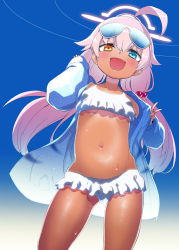 Rule 34 | 1girl, :d, ahoge, bikini, blue archive, blue background, blue eyes, dark-skinned female, dark skin, eyewear on head, fang, frilled bikini, frills, gradient background, hair bobbles, hair ornament, halo, highres, hitotose rin, hoshino (blue archive), long hair, looking at viewer, low twintails, navel, open mouth, pink hair, skin fang, smile, solo, standing, sunglasses, sweat, swimsuit, tan, thighs, twintails, v, white bikini, yellow eyes