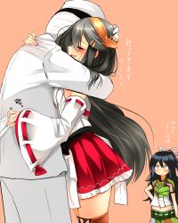Rule 34 | &gt;:|, 10s, 1boy, 2girls, :|, admiral (kancolle), annoyed, arm at side, bare shoulders, black hair, blush, boots, closed eyes, closed mouth, detached sleeves, from side, hairband, hand on own hip, haruna (kancolle), hat, highres, hug, japanese clothes, jewelry, jitome, kantai collection, katsuragi (kancolle), long hair, looking at another, looking at viewer, midriff, military, military uniform, miniskirt, multiple girls, navel, nontraditional miko, peaked cap, pink background, pleated skirt, ponytail, red skirt, ring, short sleeves, simple background, skirt, sweatdrop, thigh boots, thighhighs, translation request, tsukui kachou, uniform, upper body, v-shaped eyebrows, wedding band, wide sleeves, zettai ryouiki